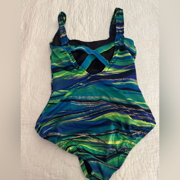 Vintage Longitude Swimsuit Blue/Green cross back. Size 10 - Picture 5 of 12